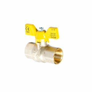 VÁLVULA ESFÉRICA PESADA GAS PASO TOTAL 1/2" , MANGO MARIPOSA AMARILLO.