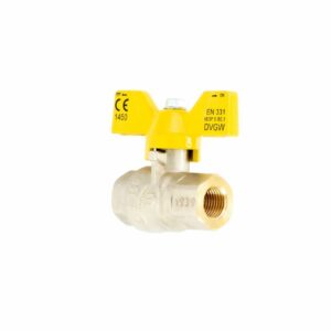 VÁLVULA ESFÉRICA PESADA GAS PASO TOTAL 1/4" , MANGO MARIPOSA AMARILLO.